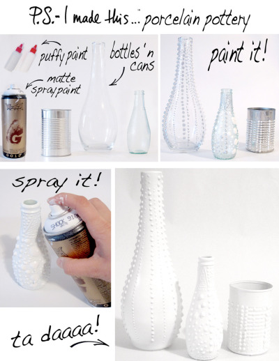 I&#8217;m seeing spots! The good kind. Beaded details can be summed up in one word- j&#8217;amazing.  Recreate and redecorate all at once.  I decided to channel this motif into my deep pottery passion/obsession.
Have fun with this simple, design inspired decorative project.  Its the perfect way to re-purpose empty cans, bottles, containers without dropping a small fortune on pretty porcelain.
Ceramic Skinny: Check out all the amazing ceramics that hail from West Germany from 1950-1970.  The designs are beautiful.  Fast forward to our modern-day prince of pottery,  Jonathan Adler.  Mr. Adler is quirky in all the right ways.  His tortoise lamp is currently top on my wish list!
PS- Puffy Paint will totally bring you back to your early art project days!