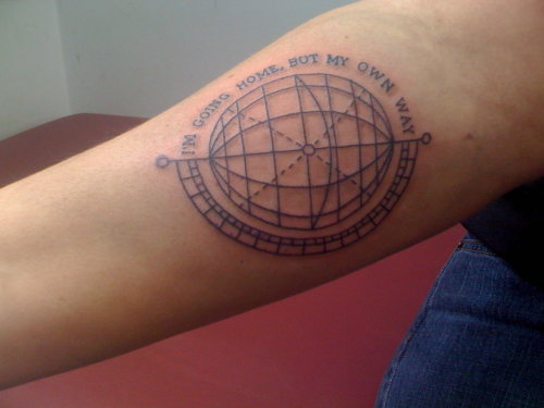 My second tattoo. A globe with Circa Survive lyrics. via tonightletsdance