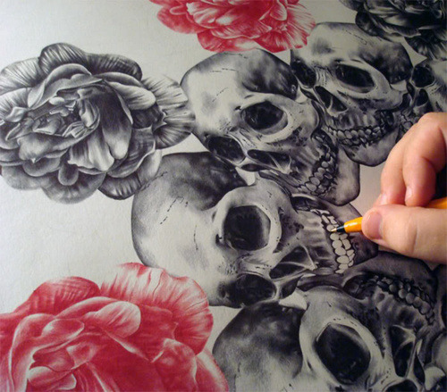 tags art artiadore skulls flowers roses artists drawing