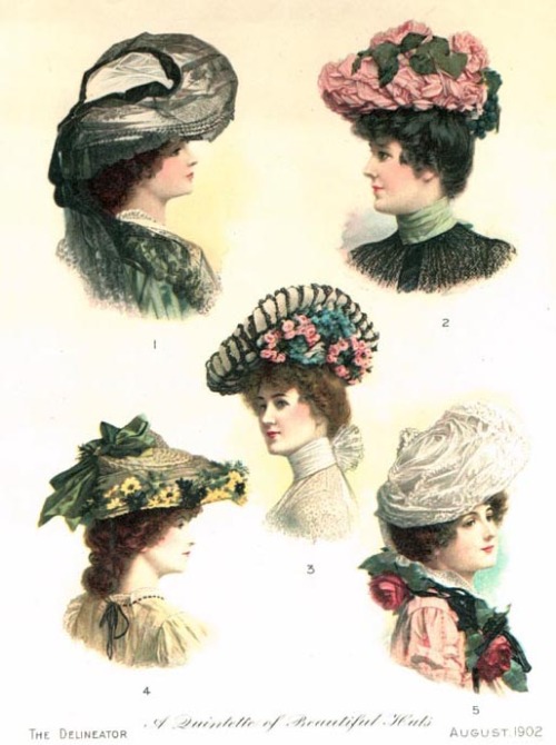 historiful:

“A quintette of beautiful hats,” published in The Delineator, August 1902. 
