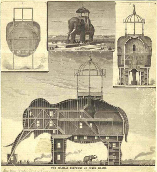 paraxenos:  canadiansliveinigloos:  grieve-machine:  tarotwoman:  radioheartedkid:  readmorewikipedia:  The Coney Island Elephant was a hotel and brothel built in the shape of  an elephant, and located on Coney Island.In 1885, the Elephant Hotel,  also known as the Elephantine Colossus, was built by James V. Lafferty  and was 122 feet high with seven floors and had 31 rooms.The hotel  became associated with prostitution. This lead to the phrase “going to  see the elephant” being created, to mean going to see a prostitute. (three more pics)    How bizarre :/