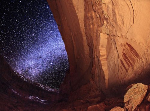 doomantia:  directactioniswitchcraft:mamacass: thestuffofstars: The Milky Way shines over a canyon wall in Utah, where ancient paintings (older than Stonehenge) still baffle us to this day.