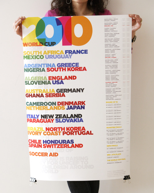 
For you soccer fans.  Here’s a fresh World Cup poster of the schedule!
Designed by David Watson from design studio Trebleseven.
All sales of the A1 double sided poster go to Soccer Aid - a British charity event which raises money for UNICEF.  
Available to buy on Trebleseven.com - only £7 (+p/p)