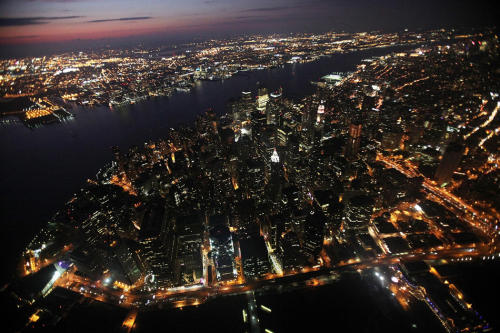 Aerial night shot of New York City.