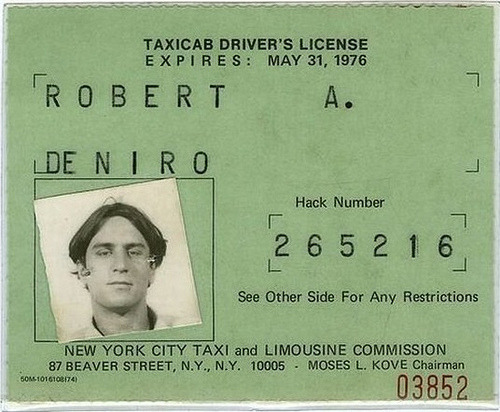 Robert De Niro taxicab driver's license, N.Y.C. May 31 1976 by Salvatore 