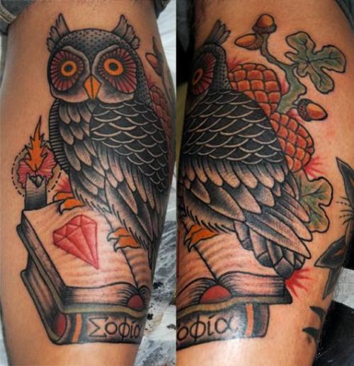 traditional owl tattoo. Owl tattoo by Pedro.