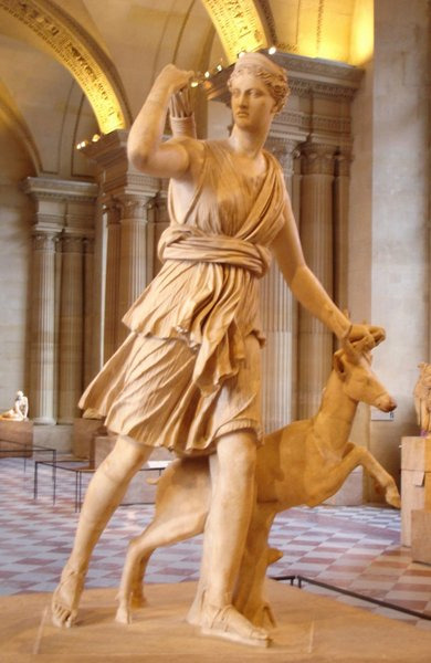 A statue of Artemis, the Greek goddess of the hunt and the moon.