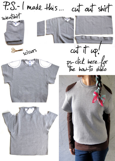 Cut - it - out&#8230; Literally!  There&#8217;s no time like the present to give yourself a present!  Being crafty and creating fun fashions can take seconds.  Case in point: The cut out sweatshirt! REIMAGINE, REUSE, &amp;  REINVENT this very instant.  Take two things you probably already have at home: a sweatshirt and your trusty scissors and get inspired by the casual cool Alexander Wang and the athletic inspired looks were seeing all around.  Going the distance is easy when you sport the sporty look like a DIY Champ!
P.S.- My good friends at Fashionista.com and I both agree that GREY is the new BLACK!  We teamed up for a fun video DIY.  Click HERE to watch the how-to- and say P.S.- I made this&#8230;!