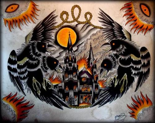 Burning church and ravens tattoo flash by Stunt Man Mike D
