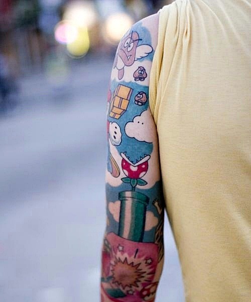 Mario game video game tattoo sleeve tattoo clouds blue sky tunnel
