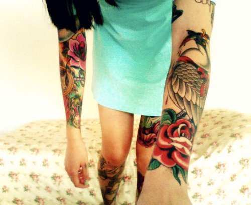 Tagged tattooed babe sleeve leg tattoo thigh tattoo rose tattoo flower 