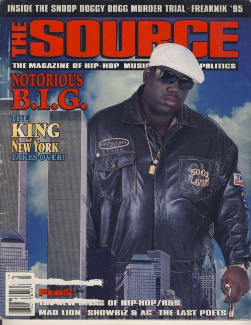 July 1995. Notorious B.I.G.’s first Source cover blew him up to the size of his  namesake, chilling Godzilla-style next to the World Trade Center. It’s  an awkward display to say the least, but significant in that it crowned  him the “King Of New York.”