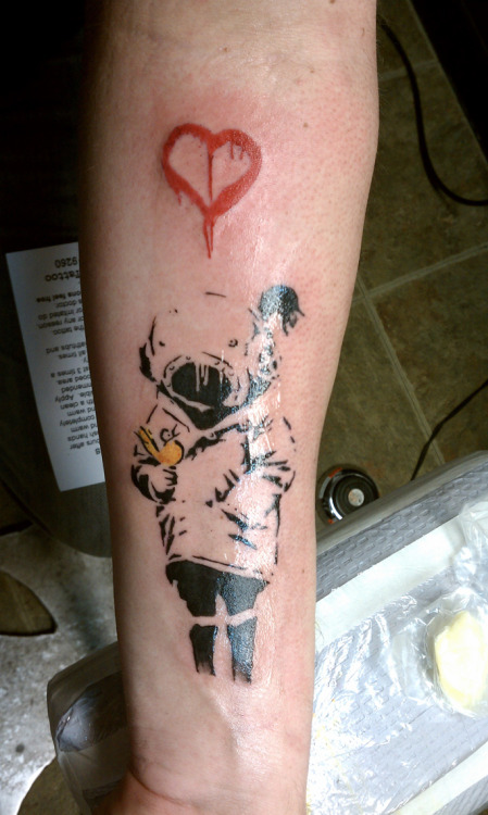 My new first tattoo Banksy 39s space girl and bird Done by Andrew Pequita of