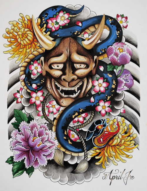 tattooflash Hannya Mask by aprelll im really liking this as a tattoomaybe