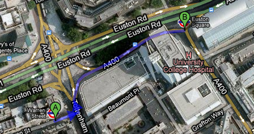 Distância entre as estações londrinas de Warren Street e Euston Square: 230 metros. A primeira serve para embarcar nas linhas Northern ou Victoria, enquanto que a segunda serve para outras três diferentes linhas: Circle, Hammermisth & City e Metropolitan.
 