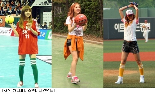 [110521] Dal★Shabet become handball, basketball and baseball queens.
While girl group Dal★Shabet is busy promoting their latest single &#8220;Pink Rocket&#8221;, they have achieved the name of &#8216;Municiap Triple Crown&#8217;.
Ah Young was part of the &#8216;2010-2011 Pro Basketball&#8217; as well as &#8216;Jeonju KCC ET&#8217;s&#8217; championship game.  Fellow group member Subin was recently part of the LG-NEXEN&#8217;s latest game at the Seoul Lotte Card Baseball Stadium, along with their mascot.  The biggest surprise of the day was when Subin gave their mascot a playful kiss.  Subin was also part of a handball tournament at the Seoul Jamsil Gymnasium for the South Korean Handball League earlier this month, which earned the group the title &#8216;Triple Crown of Sports&#8217;.
Happy Face Entertainment stated, &#8220;The group has been invited to various sporting events, this a real honor.  All the members like different sports so it is nice that they are able to enjoy various events.&#8221;
