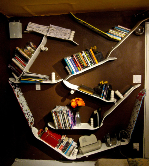 Bookshelf made from skateboard decks by&nbsp;Taylor Hamilton.