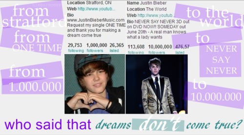 ohitsthebiebs:

From Stratford - To The World
From One Time - To Never Say Never
From 1.000.000 - To 10.000.000
