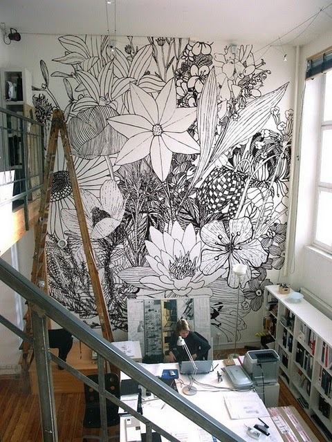 Wall drawings done by hand in black marker by Charlotte Mann.