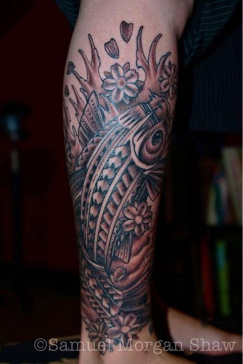 a fusion of Samoan Patterns a koi fish cherry blossoms and some water by 