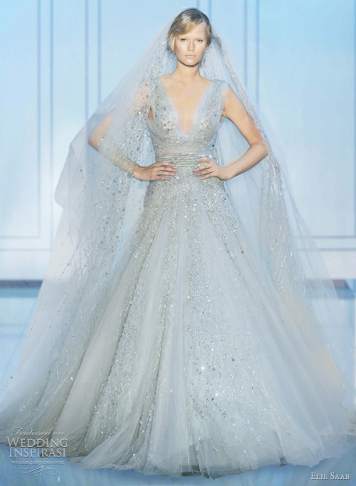 Icy blue wedding dress featuring tulle embroidered with sequins V neckline 