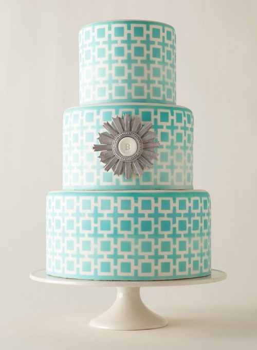 love this geometric pattern tiffany blue wedding cake