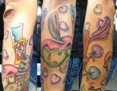 This is the custom sweets and candy sleeve I&#8217;m working on. Not finished yet, but it&#8217;s looking awesome so far!
You can find my blog here and my shop, FAT Ink Tattoo, here. (I work at the Wesley Chapel location.) 