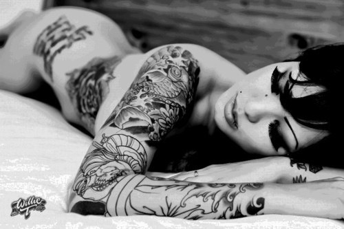 tags tattoo girl pin up black and white arm tattoo