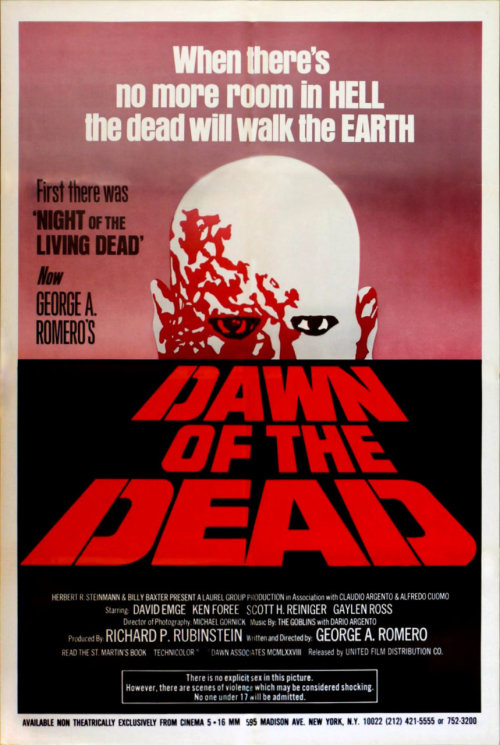 Month Of Horror:
11. Dawn of the Dead, 1978So tonight I wanted to watch something a bit more gory than the last few movies I&#8217;ve been watching&#8230; well here&#8217;s the early work of effects man extraordinaire Tom Savini who also acts in the film.This is a bloody fun film, the mall setting makes wonderful scenarios and tools for the zombie killings and the humor of the movie. The same setting may be interpreted as social satire comparing mall shopper to zombies, but to me it is just a fun horror/gore flick (I&#8217;m not that deep when it comes to horror, sorry).I love how red the blood is! Supposedly, Savini was unhappy with how the blood photographed; to him it looked too bright and fluorescent. Romero felt it was perfect for the film&#8217;s comic book style and decided to keep it like that, the fake blood was a mixture of food coloring, peanut butter and cane sugar syrup.If you haven&#8217;t seen it or if you just saw the remake, you&#8217;re missing out.
