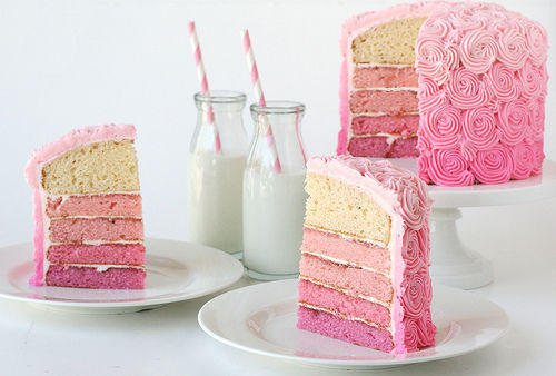 Pink Ombre Cake (cake,multi-layered,pink,rose swirl frosting)