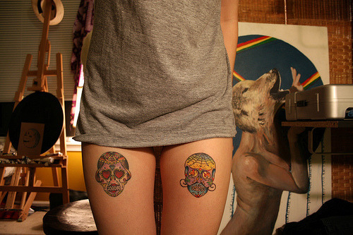 zThis has been tagged with tattoo leg tattoo tattoos skull tattoo girl 