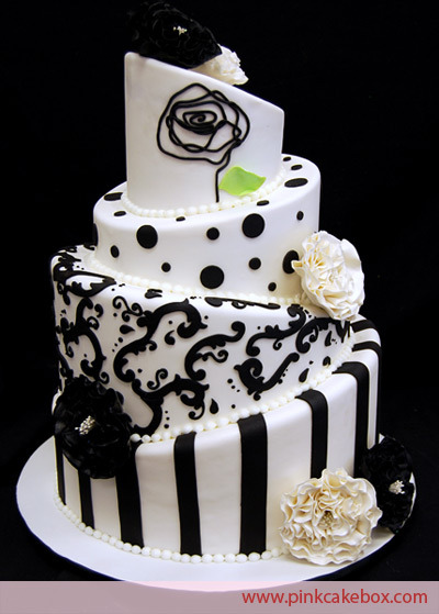 white and black lace wedding cakes with red roses