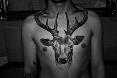 When i was young, my mom and me were going for an walk into the forrest. it was absolutely nice. So i &#8216;ve seen this deer, and i was stuned all the time about this amazing animal. Thats the reason i wear him on my chest. forever. Made at skinartculture in Berlin, Germany. 