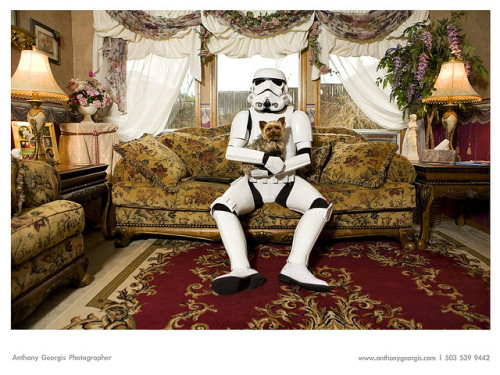 Trooper Jinglo and his dog, in his frilly living room