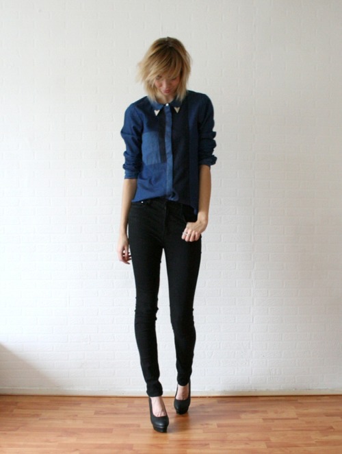 what-do-i-wear:Denim shirt / ChicwishCollar tips / Alex InnJeans / H&MHeels / Nelly Ring / COS (image: connectingto-fashion)