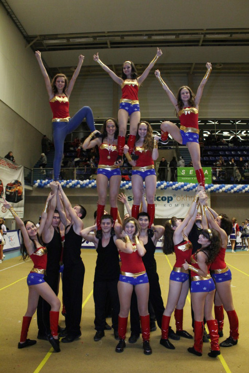 Cheerleaders dressed as Wonder Woman really makes me smile.  I love how being a nerd is becoming more acceptable, especially for girls. 