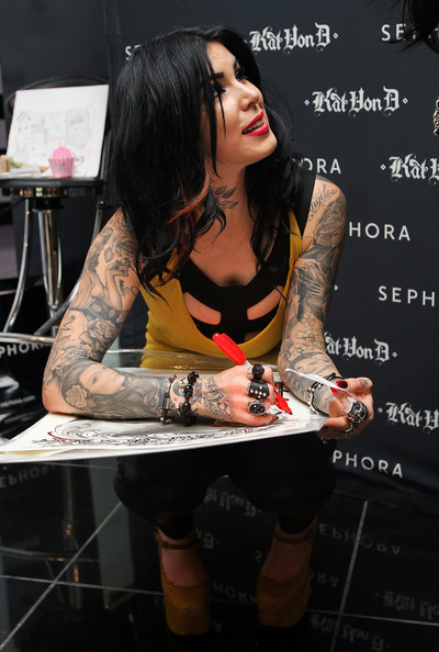 Kat Von D wearing a ring I made Its the leather one with studs shaping into