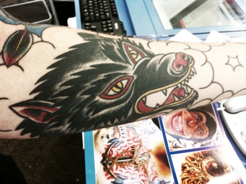 My Wolf Tattoo on my Traditional styled sleeve
