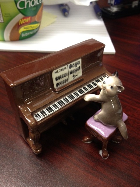 I just recieved this gift from my grandparents, who took a recent trip to the West Coast. It’s a cat playing a piano.. I’m 20 and really do not like cats. -Submitted by Angie