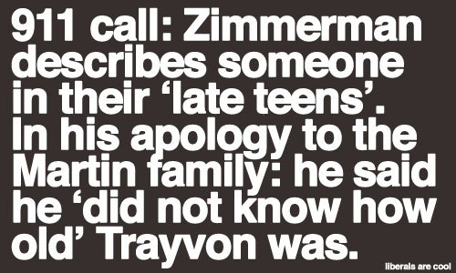 Image:  “911 Call: Zimmerman describes someone in their ‘late teens’. In his apology to the Martin family: he said he ‘did not know how old’ Trayvon was.”