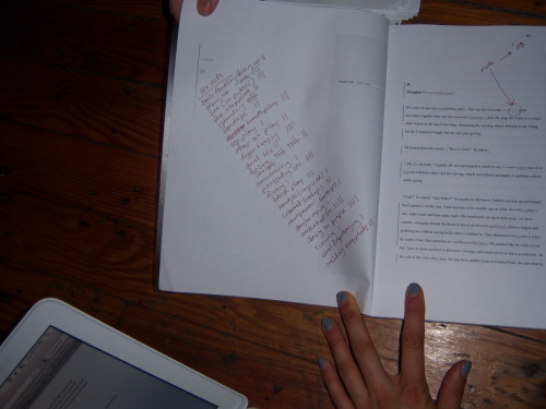 ladypartsnyc: love this. melissa showing me the first page of the coming &amp; crying galleys. there’s a handwritten list of sex acts performed, with talley-marks for each time they’re mentioned. haaa! 