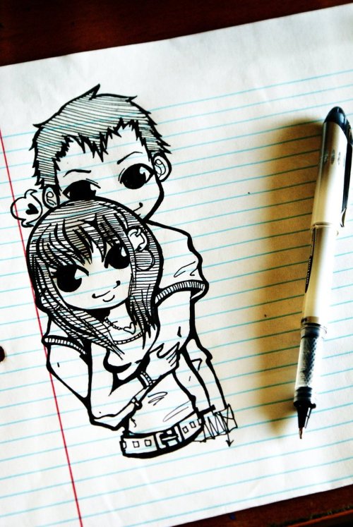 Doodle I did of my boyfriend and I in Philosophy class. A very boring class indeed. @Amandurinorange.tumblr.com