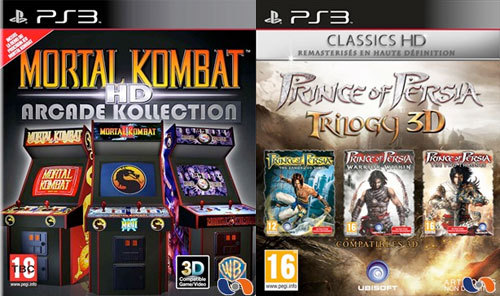 Encore une rumeur et deux covers apparemment officielles: Mortal Kombat HD Arcade Kollection et Prince of Persia Trilogy 3D!
Pour PoP, je vous en avais parlé hier sur le blog mais pas MK.
Pourtant, la rumeur concernant ce dernier est plus ancienne mais ici, je préfère éviter de parler de rumeur… je préfère l’officiel.
Mais ici, ça à l’air d’être le cas vu que les magasins GAME aux USA et UK les ont ajoutés à leurs commandes!
On va en manger de la compil’: God of War, ICO/Shadow, Sly et maintenant PoP et MK…
On comprend mieux pourquoi Sony a viré la rétrocompatibilité de sa Playstation 3…
Bon, les jeux supporteront la 3D tout de même mais bon….. OSEF de ça!