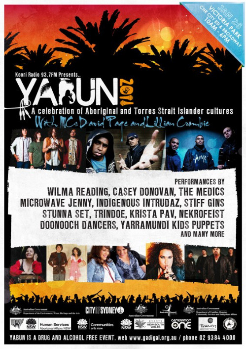 Presented by Koori Radio, Yabun returns tomorrow for another celebration of Aborginal and Torres Strait Islander cultures. Each year Sydney&#8217;s Victoria Park is filled with amazing performances, dancing, sport and food. Tomorrow our boys Stunna Set will take the stage alongside Trindoe, Casey Donovan, Indigenous Intrudaz, Stiff Gins and a stack more. It&#8217;ll be a huge day!