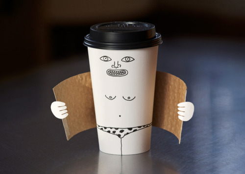 Exhibitionist coffee cup Random / goofy idea I had when I was suppose to be doing client work. This was quite easy to make. Cut the jacket in half and tape it to back of cup. Cut a section from the back of the cup to make the hands. Tape it all together and draw a creepy face. Place it on a table in your local coffee shop and see how people react.