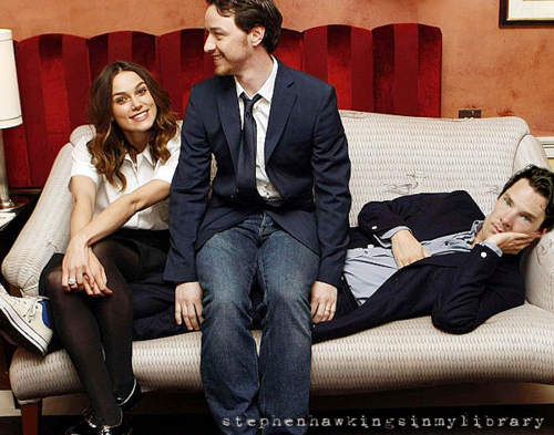 cumberbatchweb: Keira, James McAvoy &amp; Benedict. Does anyone have this bigger? I’m quite in love with it. THIS PHOTO MAKES NO SENSE TO ME