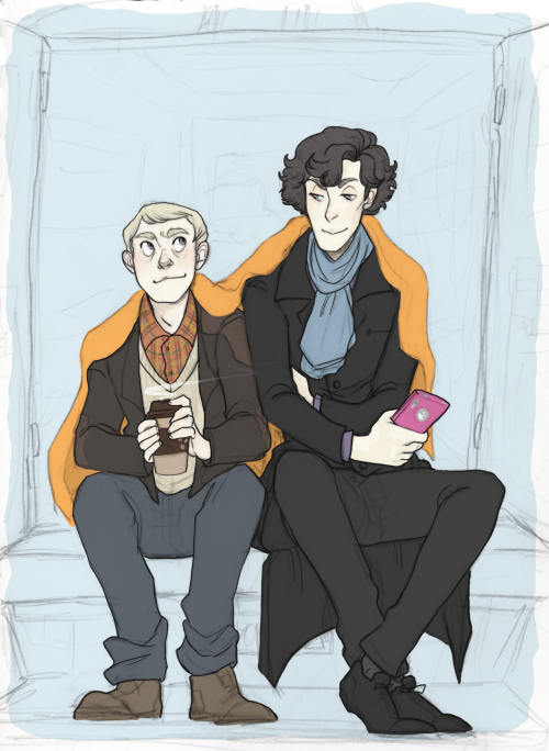 weaslee: Ah, People Do Little Else a quick little something I drew yesterday that i colored. sherlock and john sitting on the back of an open ambulance. i wanted to draw something to cheer myself up. warm, fuzzy feels. 