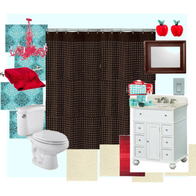 turquoise red and brown bathroom